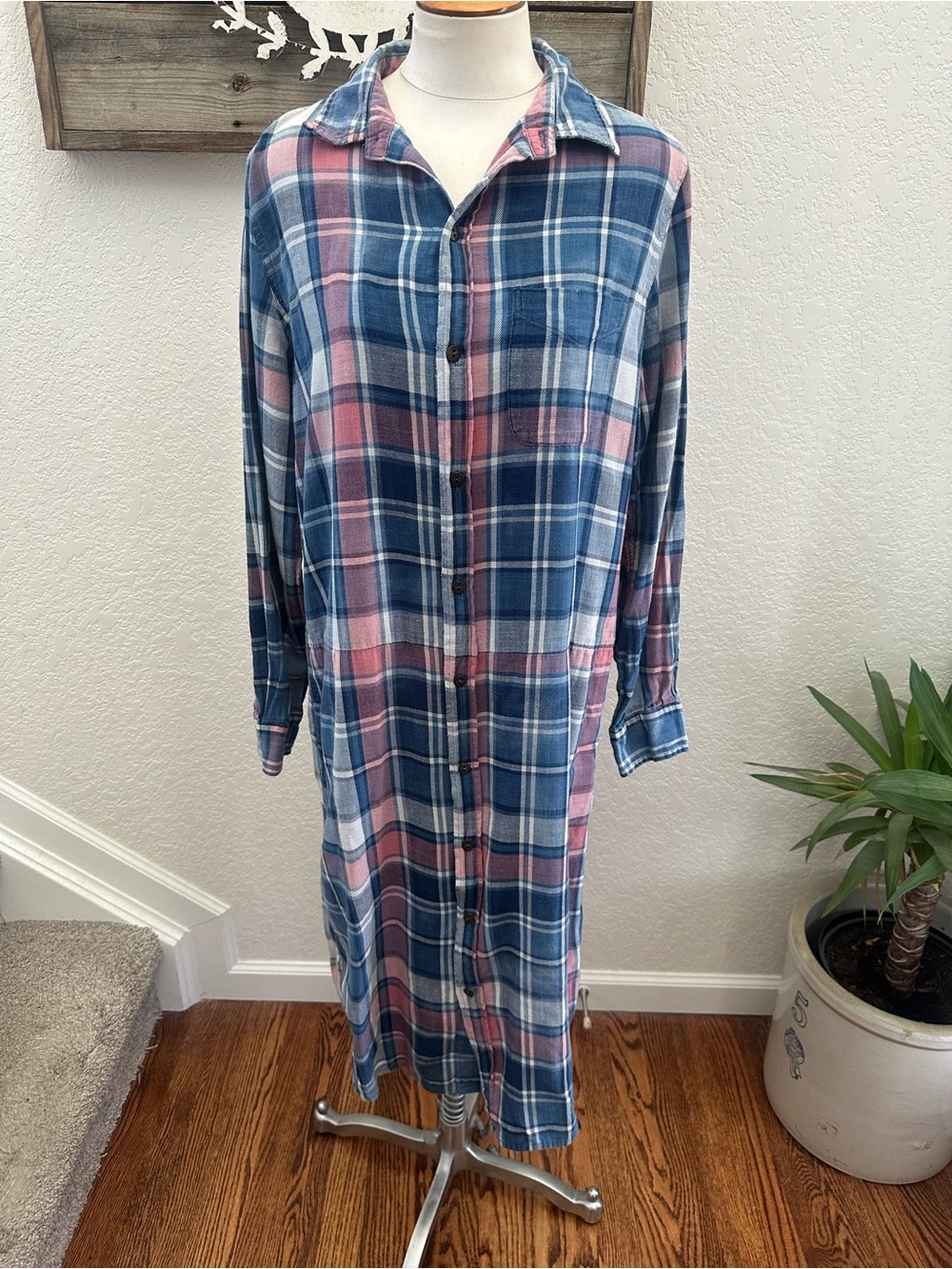 Current/Elliott blue pink plaid midi shirt dress size 3 (large)